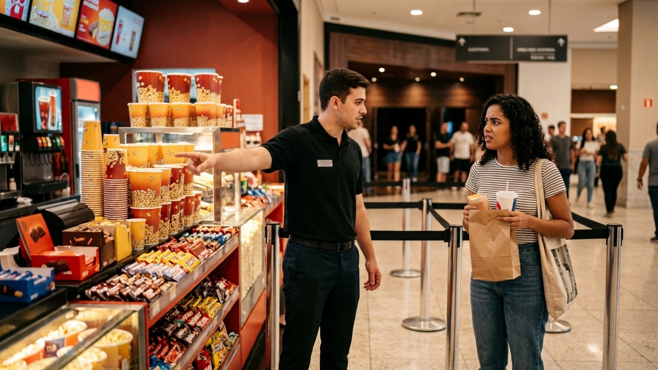 Cliente é impedido de entrar no cinema com comida comprada fora, chama a polícia na porta do estabelecimento e recebe indenização de R$ 3 mil na Justiça