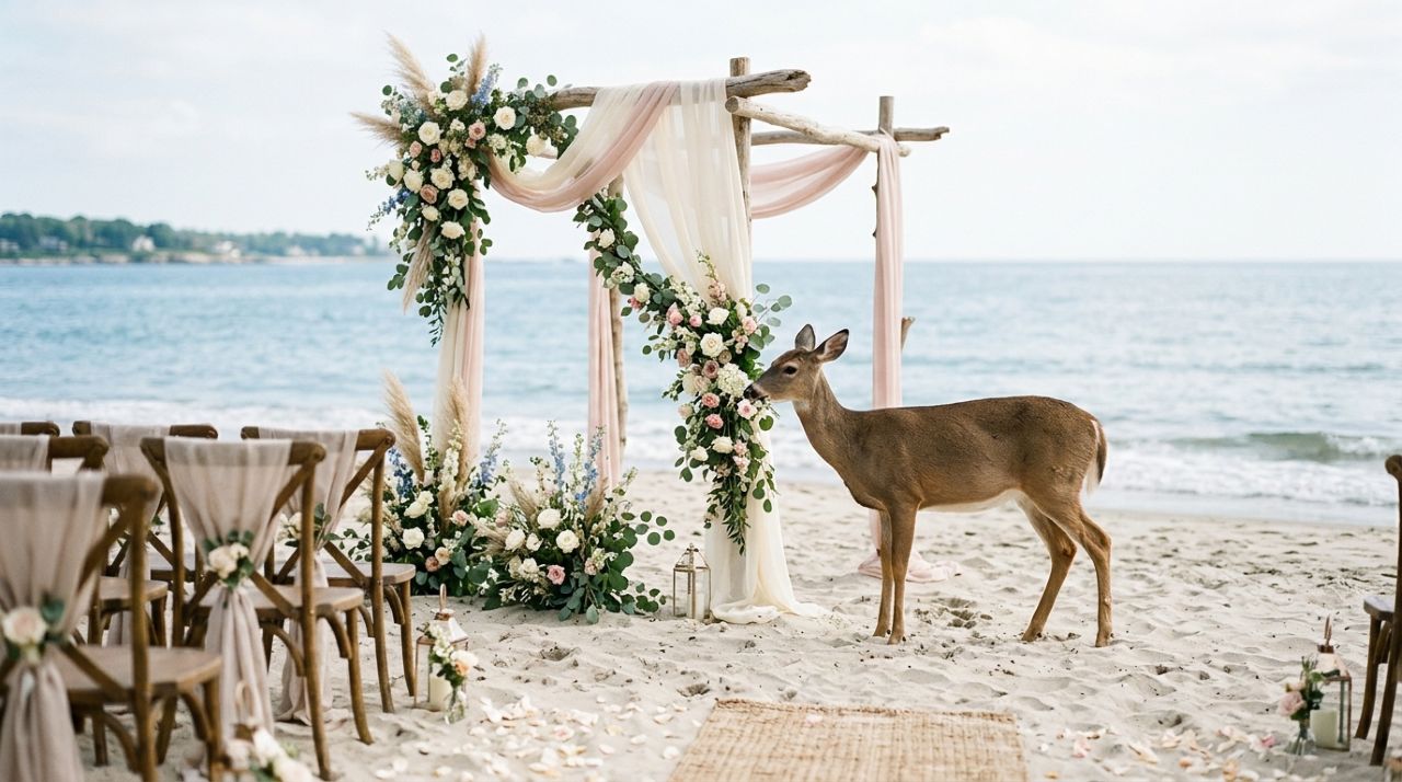 Casamento romântico na praia é interrompido por cervo faminto e cena inesperada surpreende os convidados