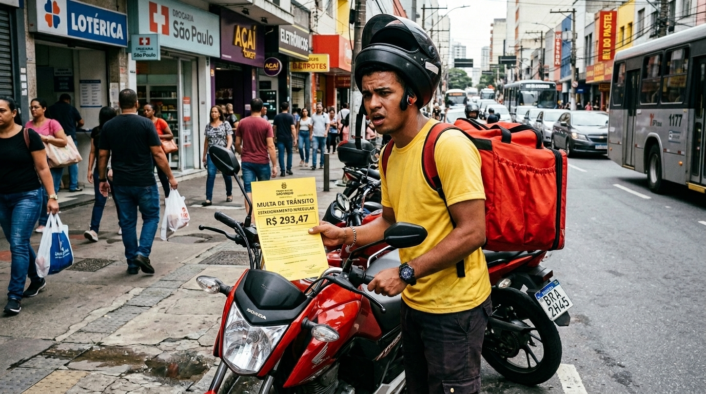 Entregador de comida leva multa de R$ 293 por parar moto na calçada durante 4 minutos para fazer uma entrega, recorre com foto do local e descobre que pode anular a autuação se provar que não havia vaga regulamentada em 50 metros