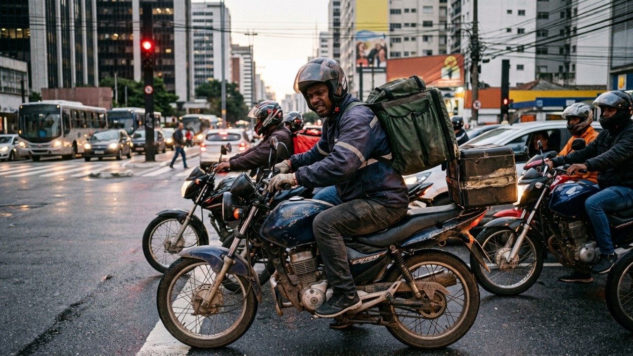 Motoboy compra moto usada por R$ 22 mil, financia em 54 vezes de R$ 710 e, no terceiro mês, o câmbio trava no farol durante uma entrega