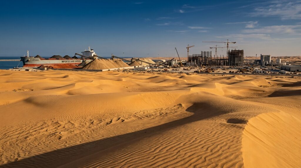 A Arábia Saudita está localizada no maior deserto de areia do mundo e, ainda assim, importa areia em grandes quantidades da Austrália e da Escócia, pois os grãos arredondados pelo vento do Quarto Vazio são muito lisos para se unir ao concreto e a construção moderna só pode usar a areia irregular retirada de leitos de rios e pedreiras