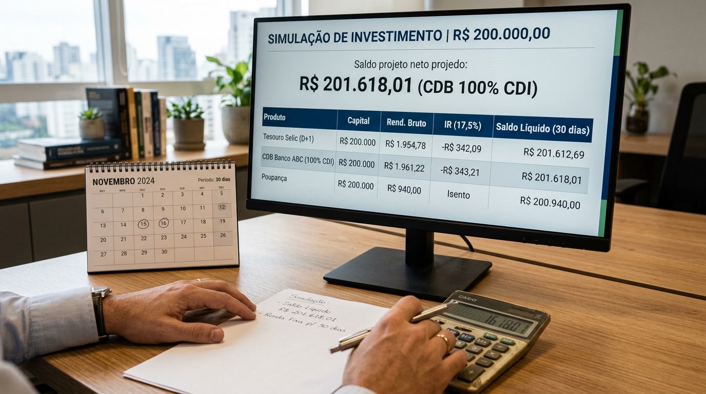 Quanto rende R$ 200.000 investidos por 30 dias em renda fixa em agosto de 2026?