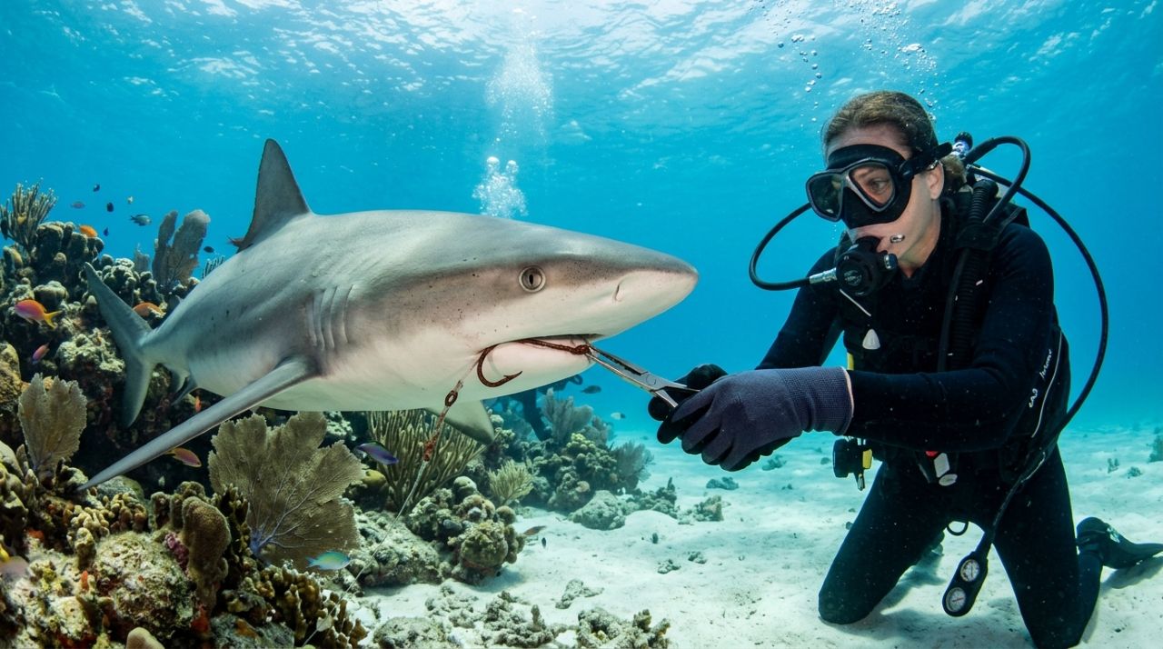 Mulher mergulha entre tubarões e já retirou mais de 300 anzóis presos na boca dos animais