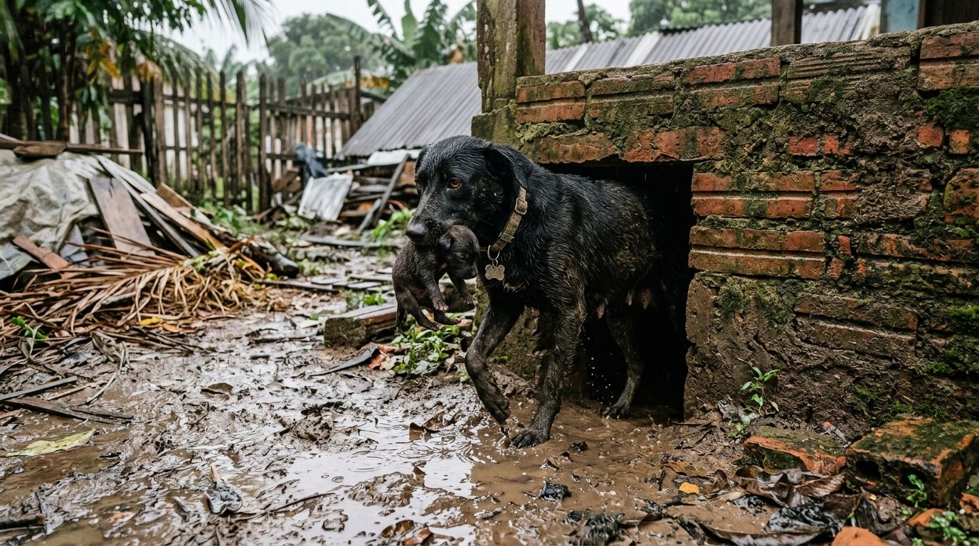 Cadela enfrenta prédio inundado e rasteja por espaço apertado para salvar seus 7 filhotes presos