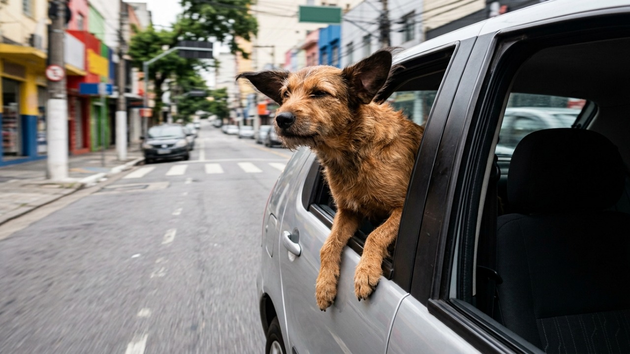 Cachorro coloca metade do corpo para fora da janela durante passeio, mas hábito rende R$ 195,23 e 5 pontos ao motorista