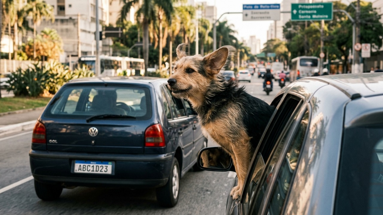 Tutor abre totalmente a janela para cachorro aproveitar o passeio, animal projeta patas para fora e situação muda de infração média para grave