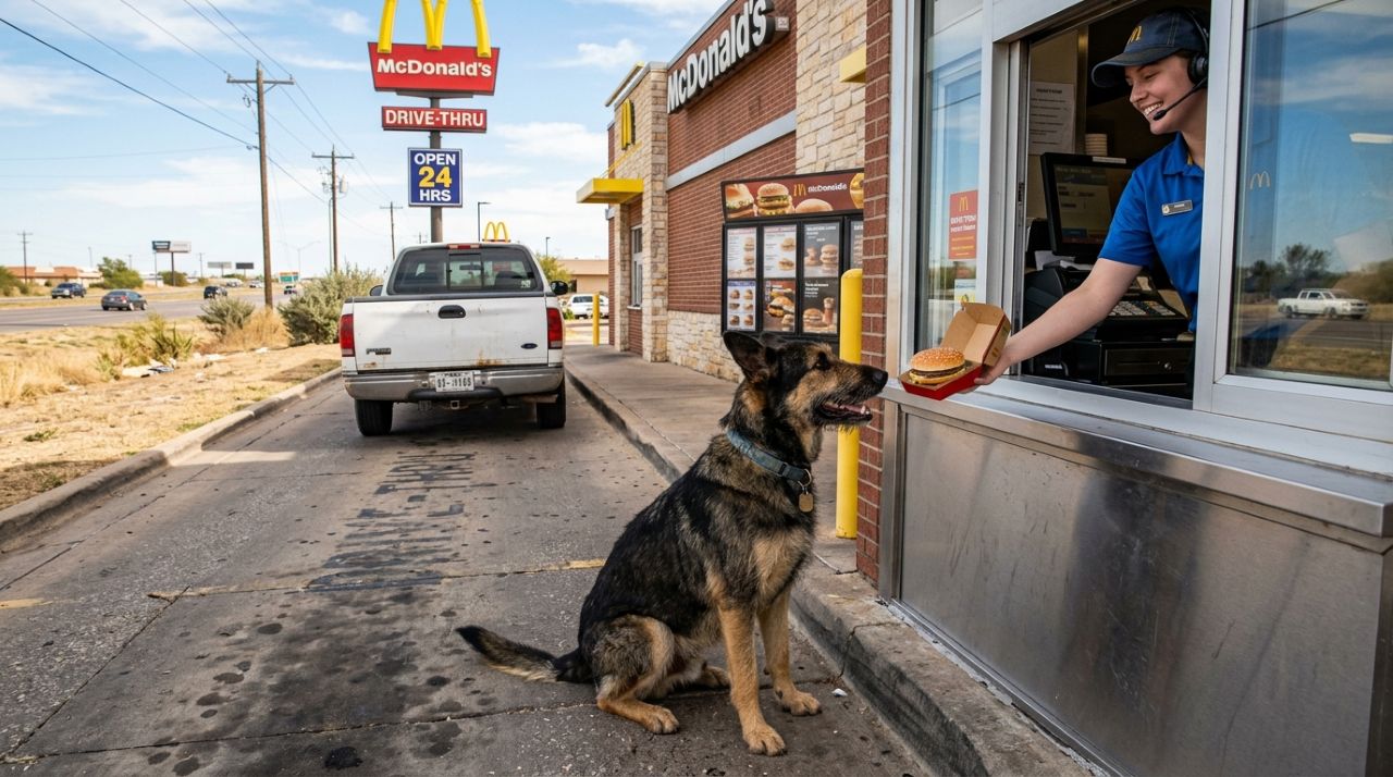 Cachorro de rua descobre como funciona o drive-thru do McDonald’s e encontra um jeito genial de ganhar comida