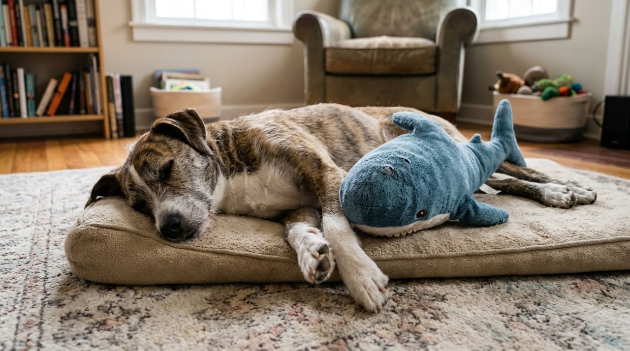Cão tinha tanto medo de ser tocado que não deixava ninguém se aproximar até um tubarão de pelúcia ajudá-lo a confiar novamente