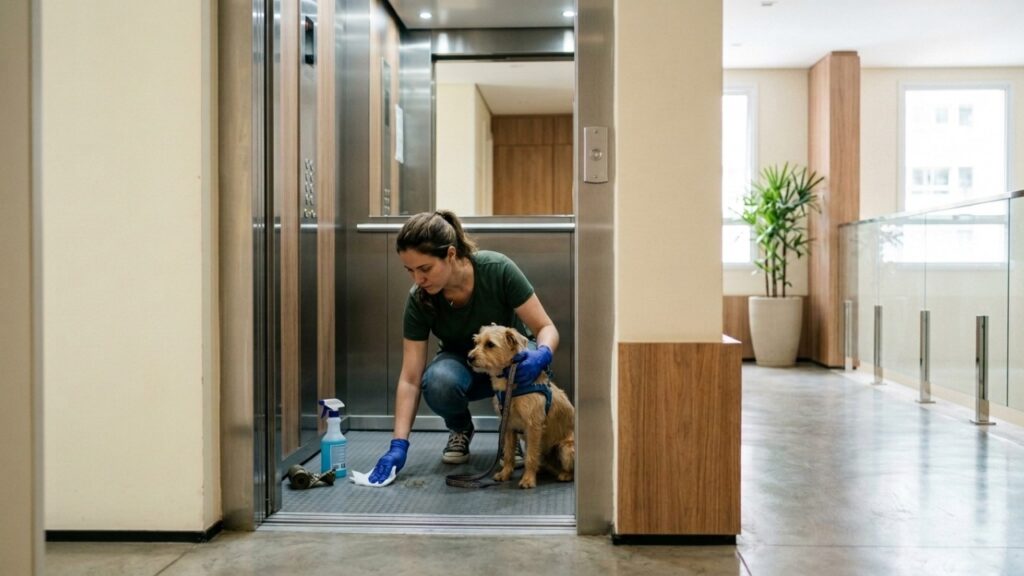 Cachorro faz cocô no elevador oito vezes em um mês, tutor ignora as advertências e recebe multa maior que a própria taxa de condomínio