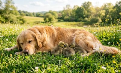 Golden Retriever acolhe 3 gansinhos órfãos e acaba ensinando os filhotes a voar sem querer