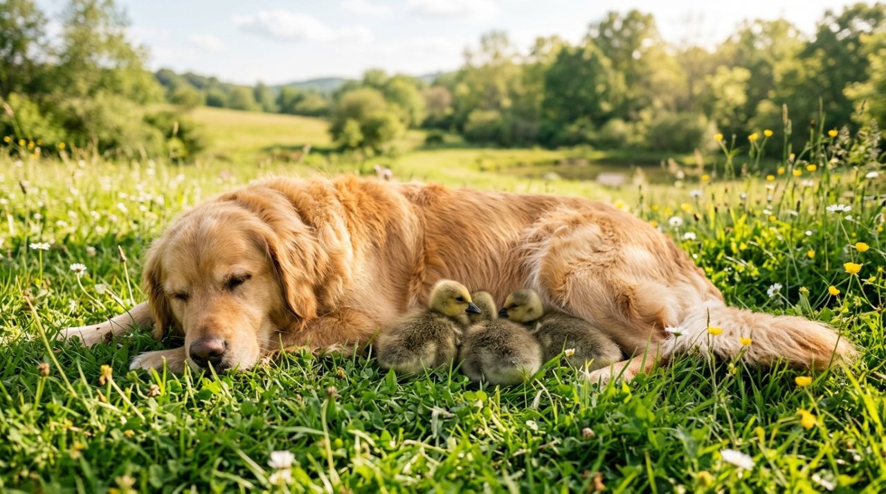 Golden Retriever acolhe 3 gansinhos órfãos e acaba ensinando os filhotes a voar sem querer
