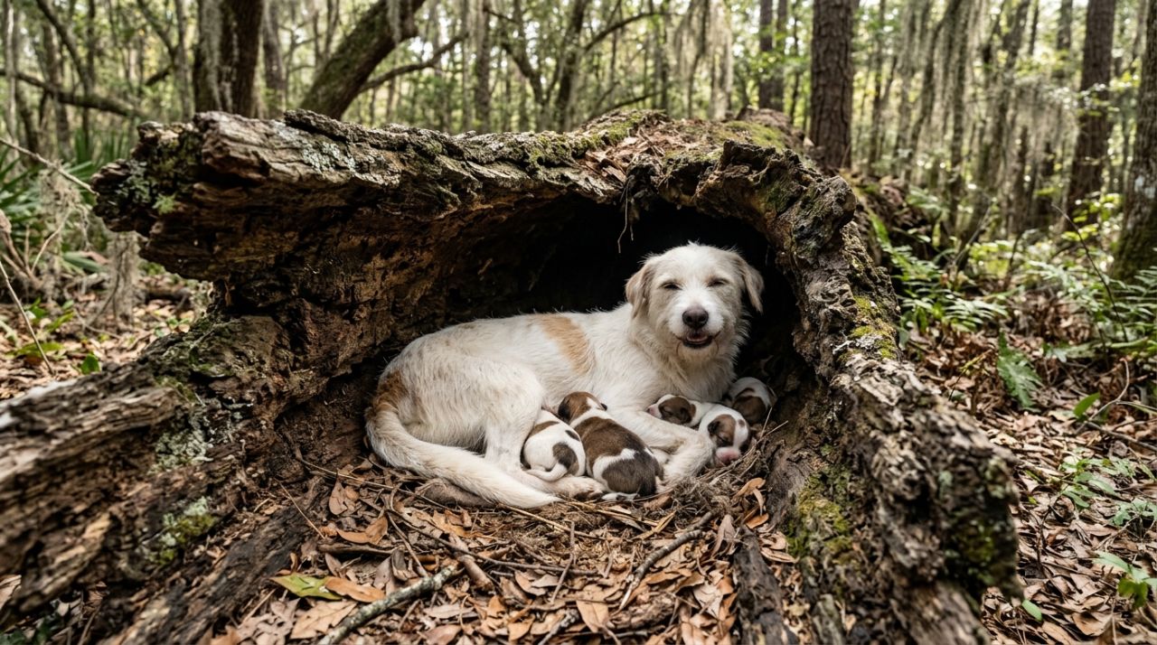 Cachorra sorridente aparece dentro de árvore caída e surpreende ao revelar que escondia uma ninhada inteira de filhotes