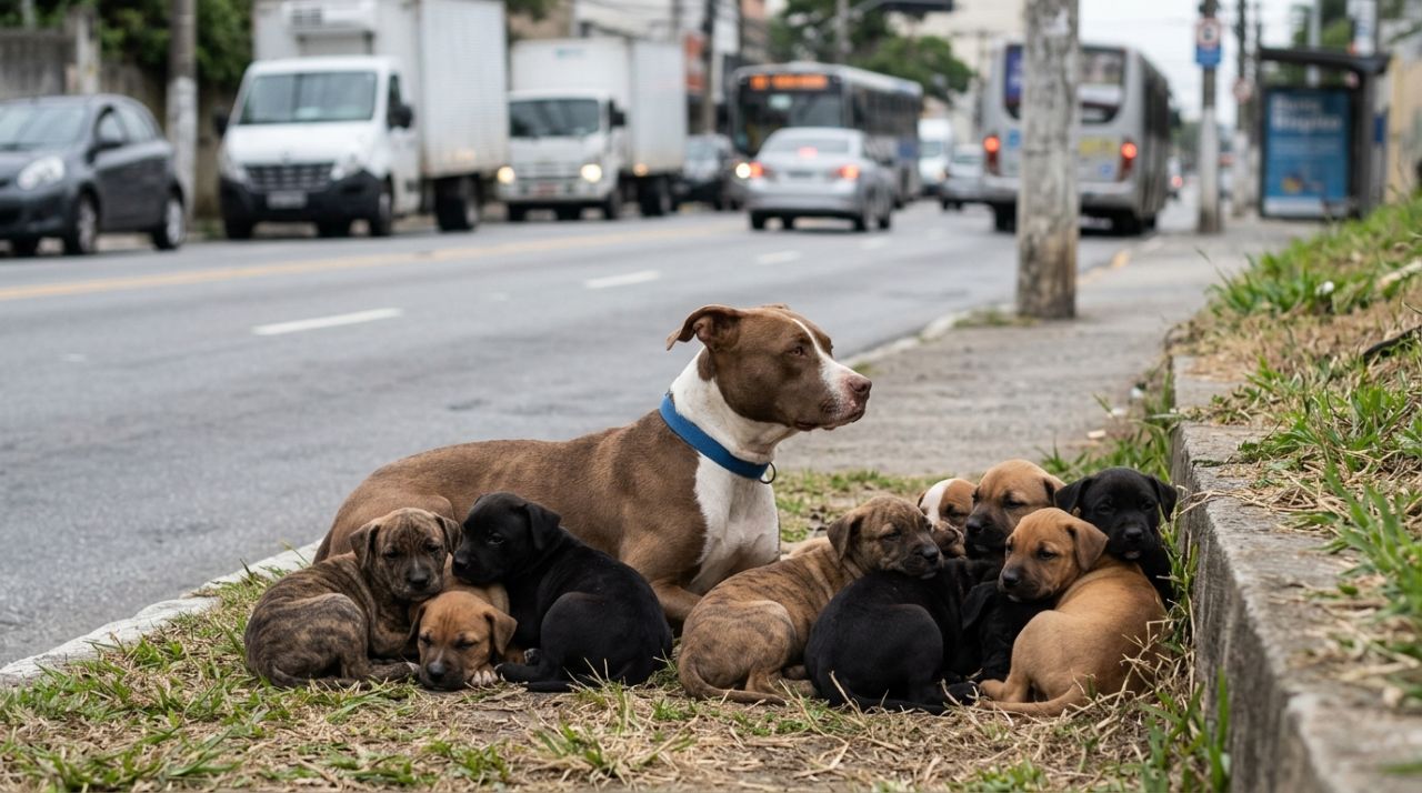 Resgatista encontra cadela pit bull com 9 filhotes perto de trânsito intenso e inicia missão para salvar toda a família