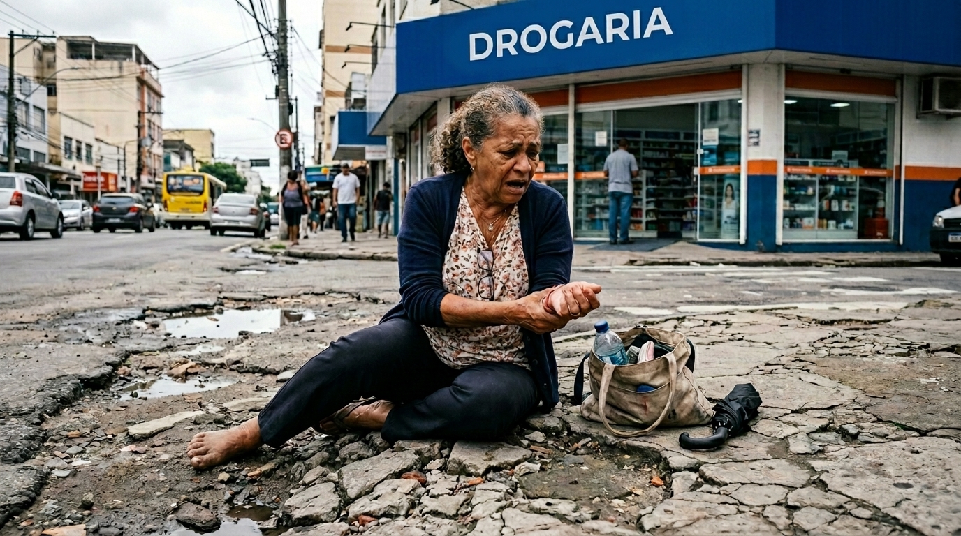 Idosa de 74 anos cai na calçada esburacada em frente a uma farmácia, fratura o punho, prefeitura diz que a responsabilidade é do comerciante e Justiça condena o município a pagar R$ 22 mil por omissão na manutenção