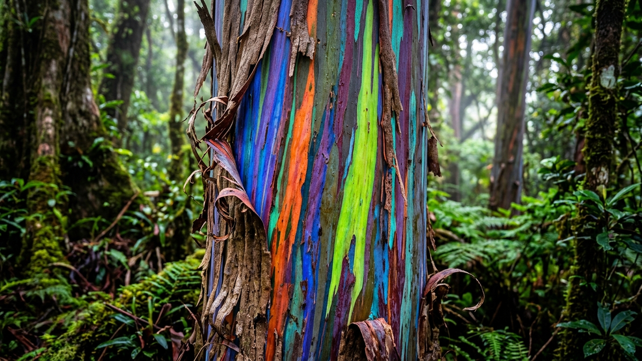 A árvore mágica cuja casca descasca sozinha revelando um tronco impressionante com tons neon de azul, roxo, laranja e verde