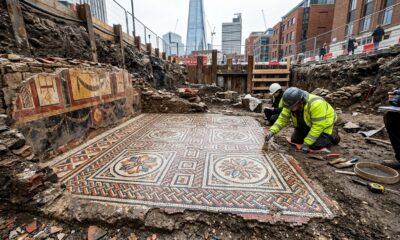 Equipes que trabalhavam nas fundações de um novo prédio desenterraram um mosaico romano de 1.800 anos enterrado sob a cidade desde a Antiguidade