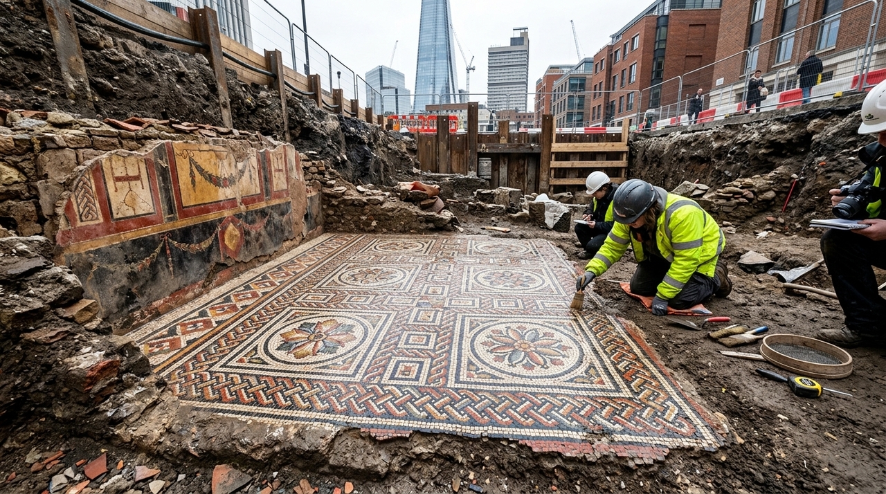 Equipes que trabalhavam nas fundações de um novo prédio desenterraram um mosaico romano de 1.800 anos enterrado sob a cidade desde a Antiguidade