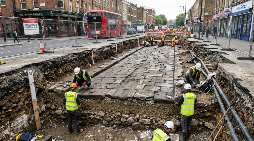 Trabalhadores que escavavam para obras de infraestrutura encontraram uma estrada romana de pedra preservada sob Londres por quase 2 mil anos