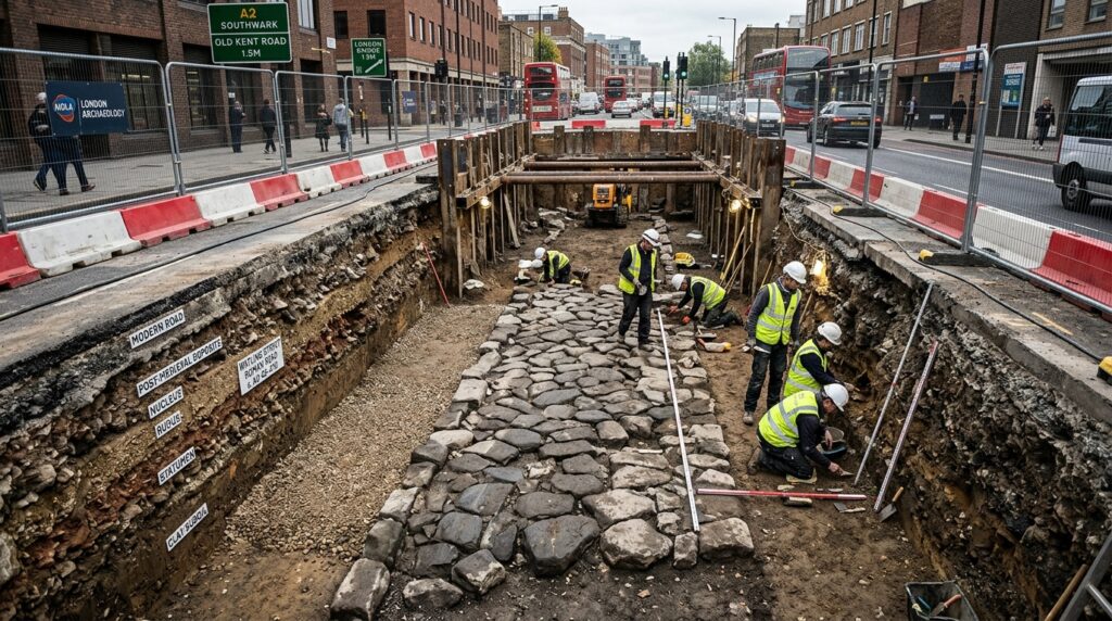 Trabalhadores que escavavam para obras de infraestrutura encontraram uma estrada romana de pedra preservada sob Londres por quase 2 mil anos