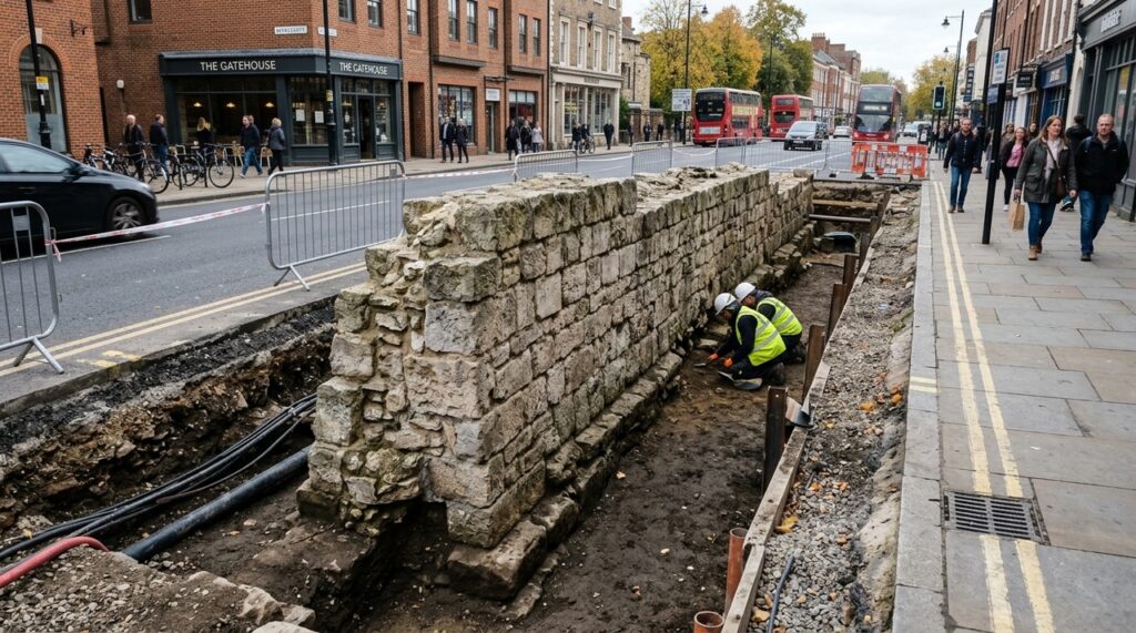 Trabalhadores da construção que cavavam para um novo edifício desenterraram uma muralha medieval de 18 metros enterrada sob a rua desde a década de 1320
