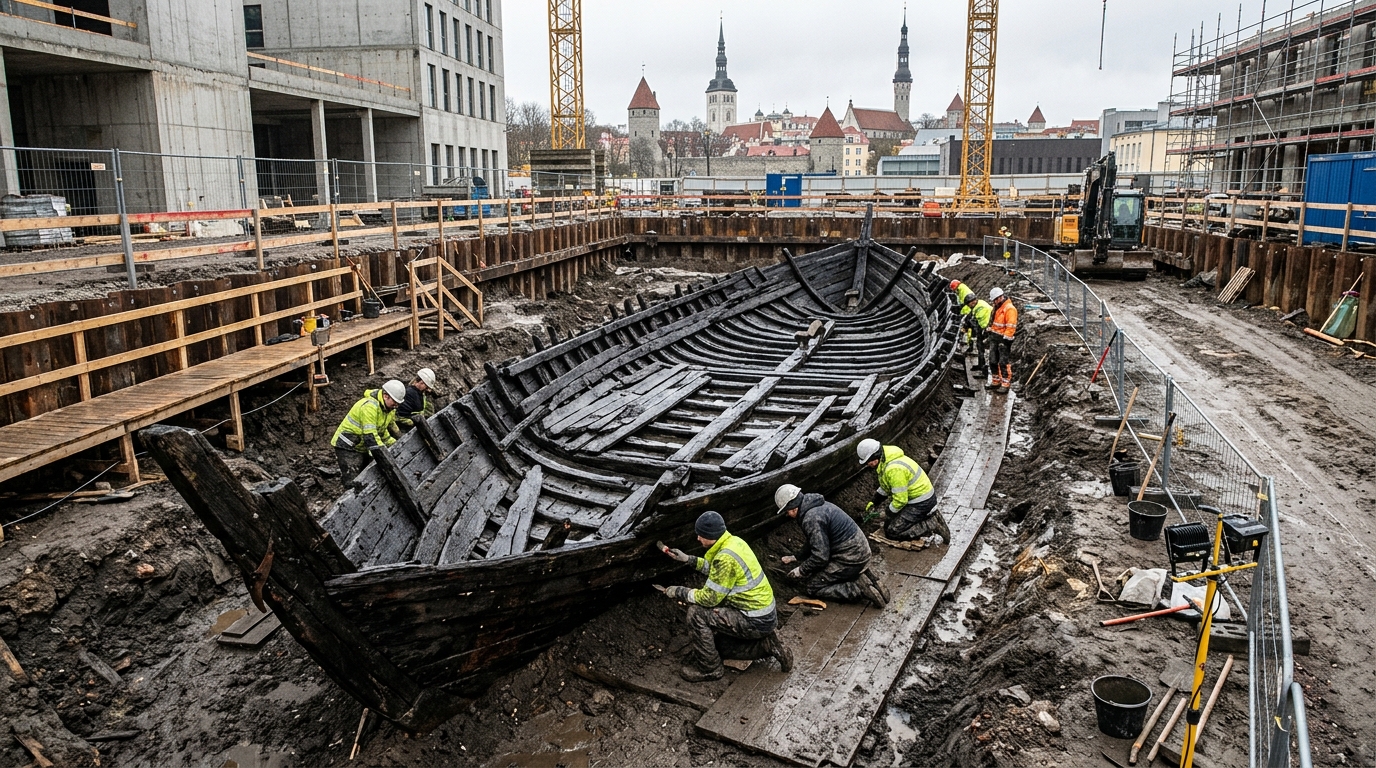 Trabalhadores da construção que cavavam para um novo edifício desenterraram um navio medieval de 24,5 metros enterrado sob a rua desde a década de 1360