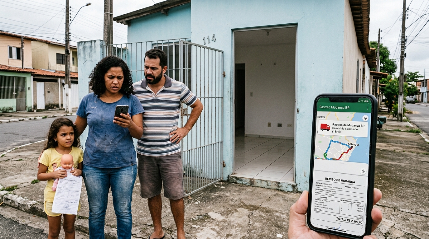 Família contrata mudança por R$ 2.100, a empresa some com a geladeira e o guarda-roupa e o rastreamento do caminhão vira a prova que garante a indenização