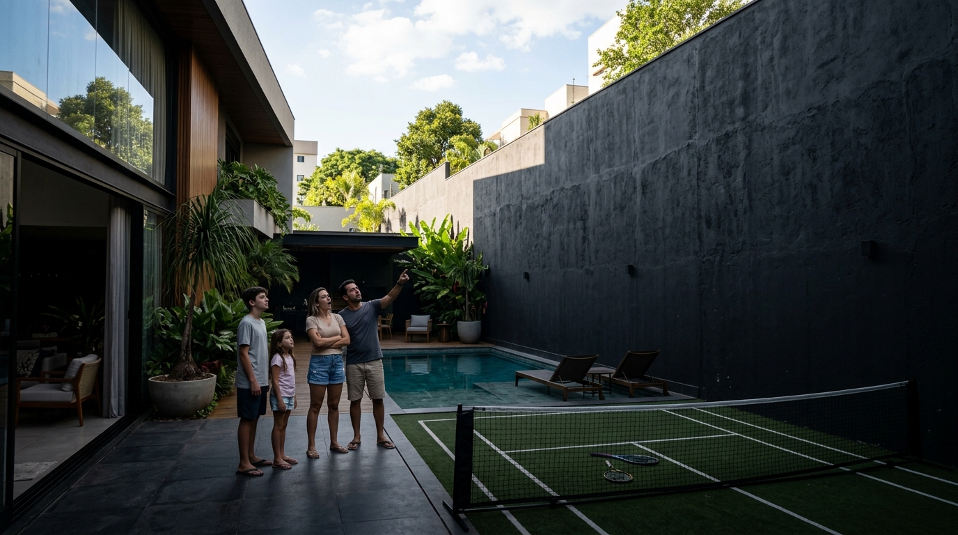 Família investe R$ 180 mil em piscina e quadra de tênis no quintal, vizinho constrói muro de 4 metros na divisa dentro da lei e agora o espaço de lazer fica na sombra o dia inteiro e a prefeitura diz que não pode fazer nada