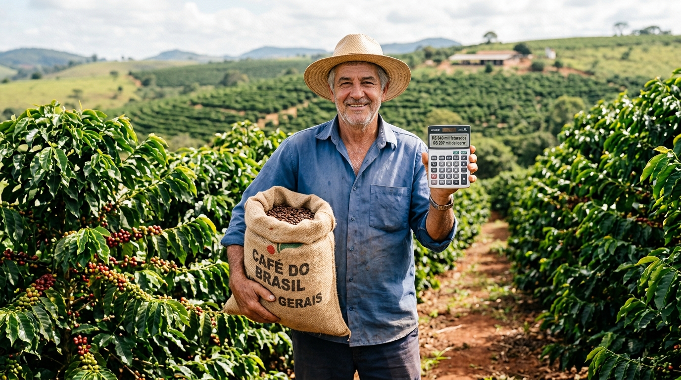 Pequeno fazendeiro com 15 hectares de café em Minas colhe 300 sacas por ano, vende a R$ 2.800 a saca, fatura R$ 840 mil brutos, mas quando desconta R$ 310 mil de insumos, R$ 180 mil de mão de obra, R$ 95 mil de máquinas e financiamento, e R$ 48 mil de impostos, o lucro cai para R$ 207 mil e um ano de seca pode levar tudo