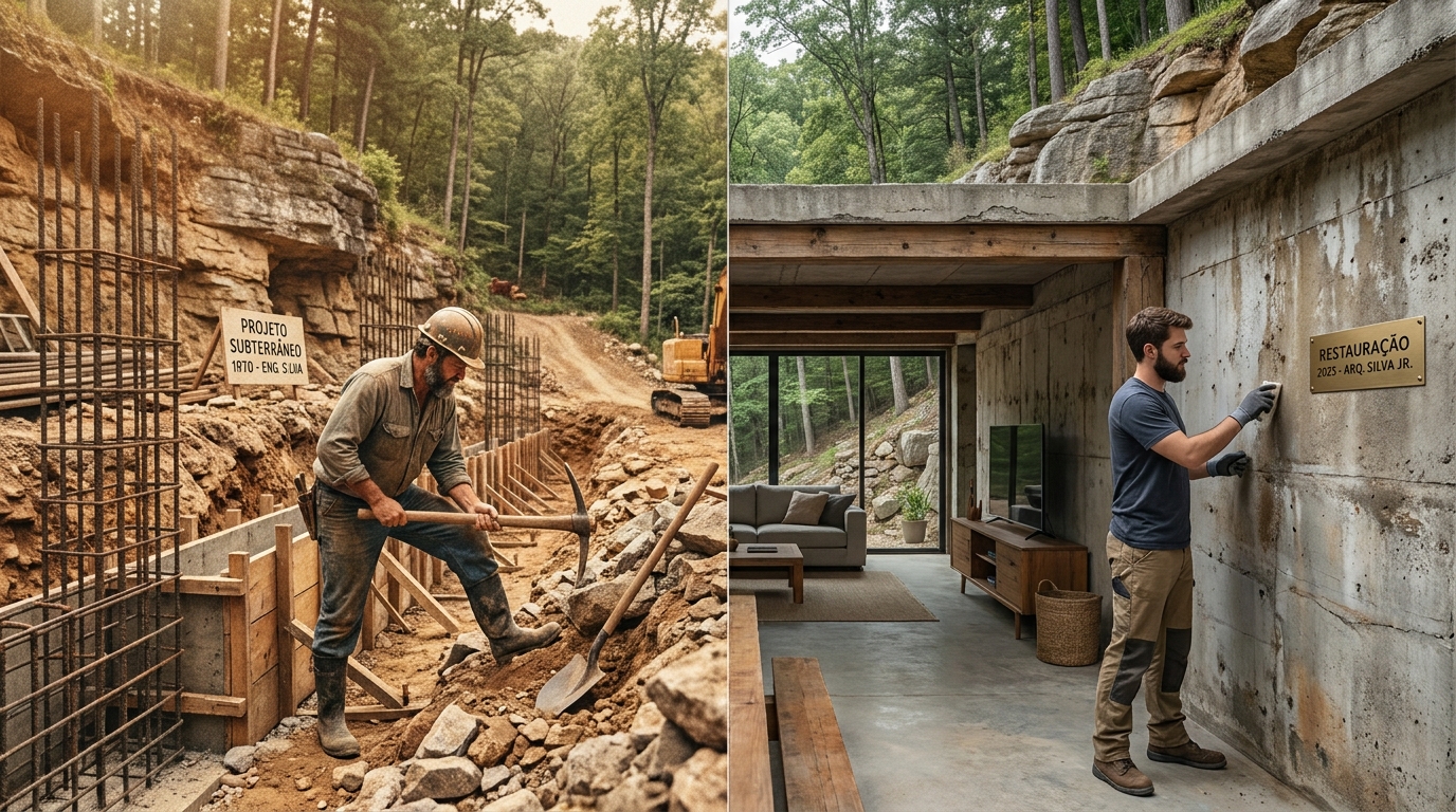 Em 1970, um engenheiro comprou um terreno remoto nos Montes Ozark e, aos poucos, construiu uma casa de concreto armado na encosta; mais de 50 anos depois, seu filho está restaurando-a cômodo por cômodo