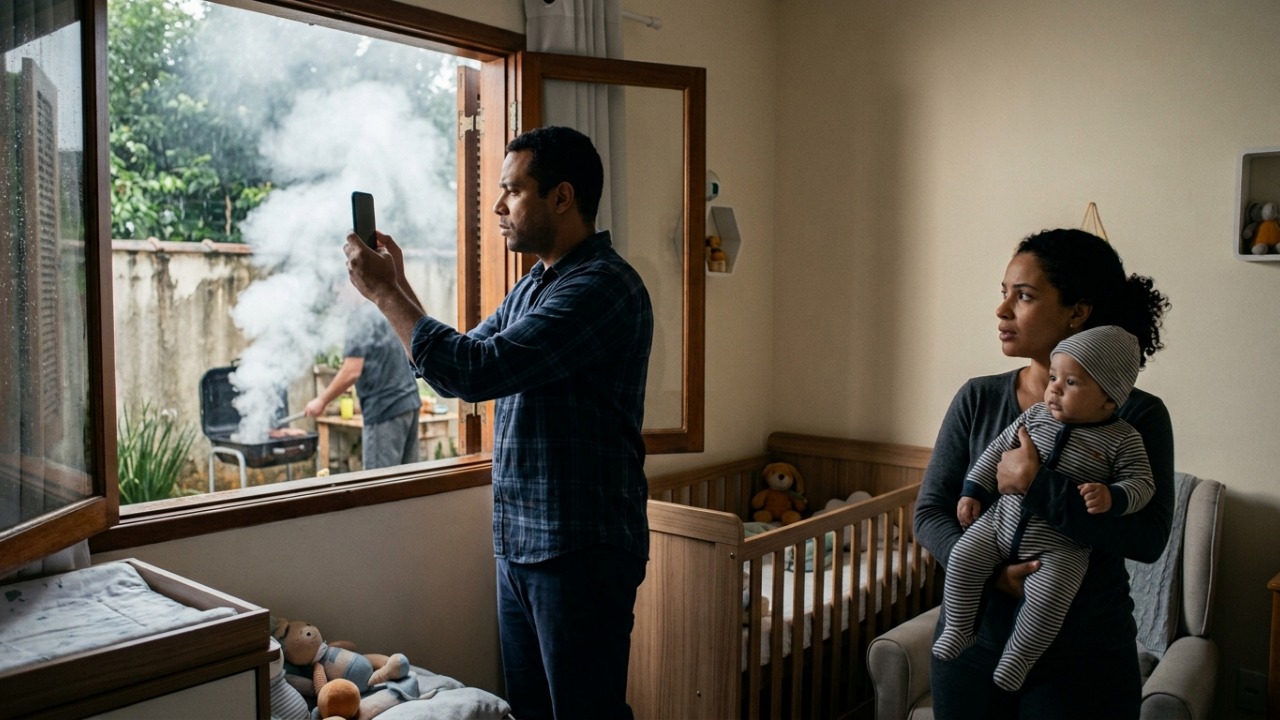 Fumaça da churrasqueira invade o quarto do bebê todos os domingos e vizinho diz que pode fazer o que quiser dentro do próprio quintal, e a família busca uma solução