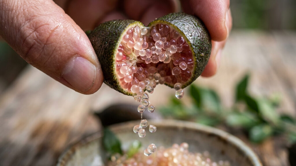 O limão de luxo: a fruta cítrica com formato de dedo que abriga pequenas pérolas brilhantes que estouram na boca com suco de limão azedinho