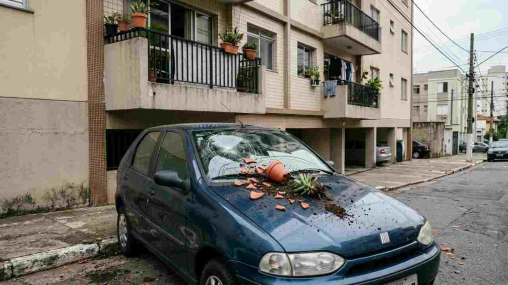 Vaso de plantas cai da varanda do vizinho e destrói o para-brisa de um carro de R$ 90 mil estacionado embaixo, e dono cobra o prejuízo do vizinho