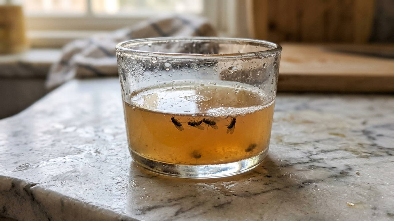 Misturar vinagre de maçã com uma gota de detergente: a armadilha que quebra a tensão da água e afoga as mosquinhas das frutas na cozinha