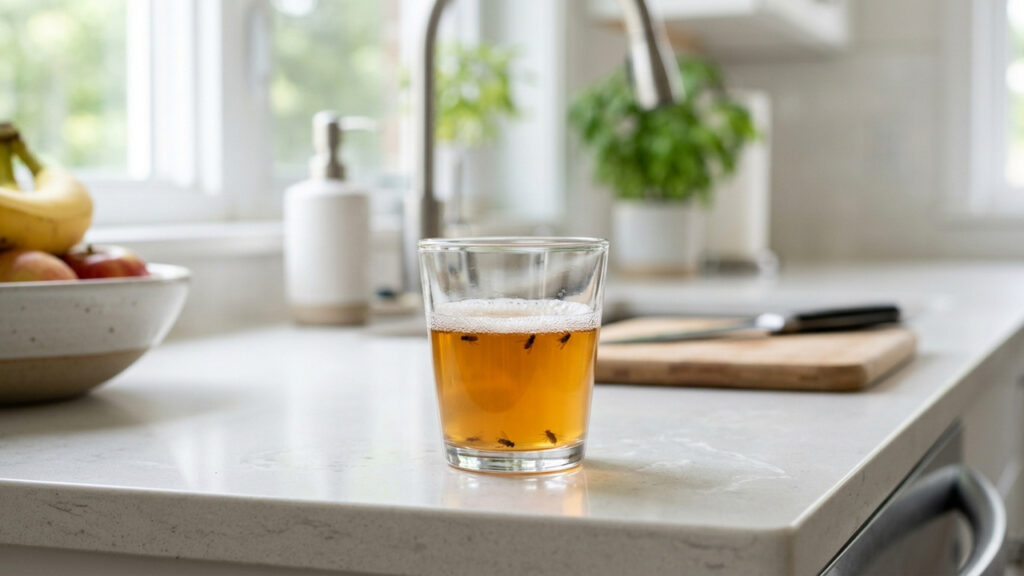 Misturar vinagre de maçã com uma gota de detergente: a armadilha que quebra a tensão da água e afoga as mosquinhas das frutas na cozinha