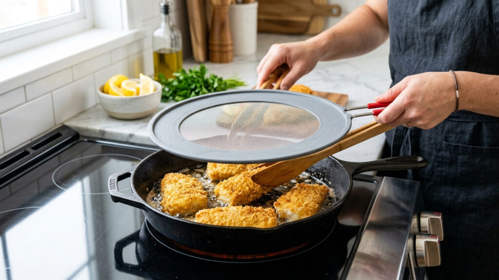 O segredo da fritura perfeita sem respingar óleo no fogão inteiro: a pitada de um ingrediente simples na panela que estabiliza a gordura