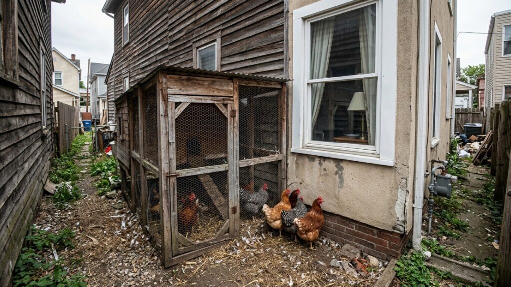 Morador monta galinheiro com 20 aves encostado na parede do quarto do vizinho em resposta a reclamação de som alto, e a Justiça manda retirar tudo por uso anormal da propriedade