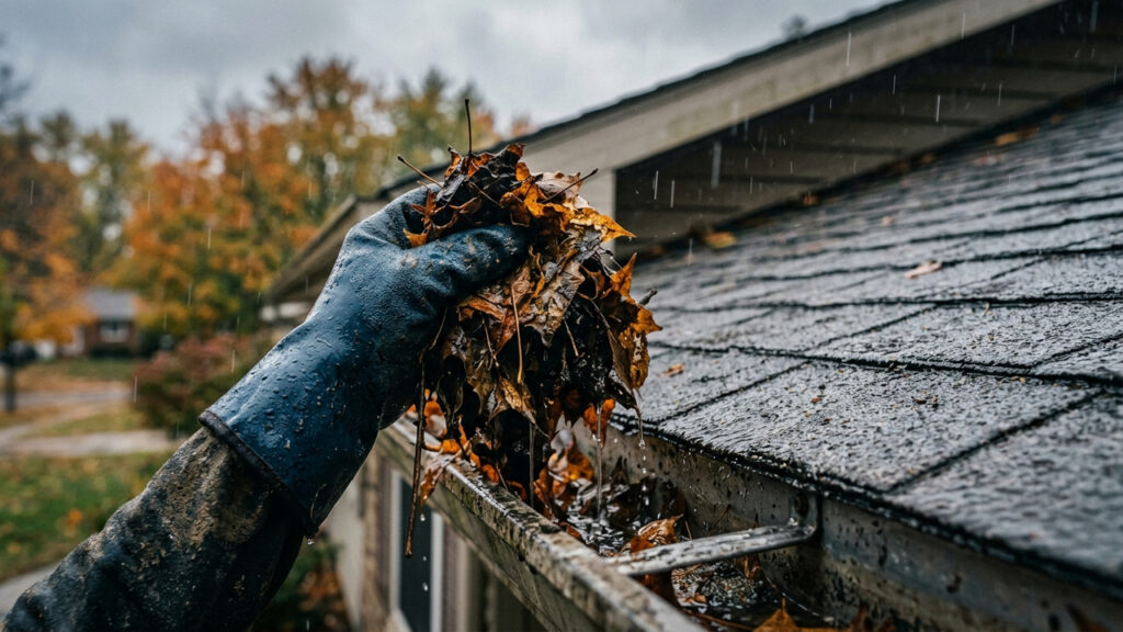 Remover folhas e desobstruir os condutores de água do teto: a manutenção essencial em calhas e telhados para evitar infiltrações no período de chuvas