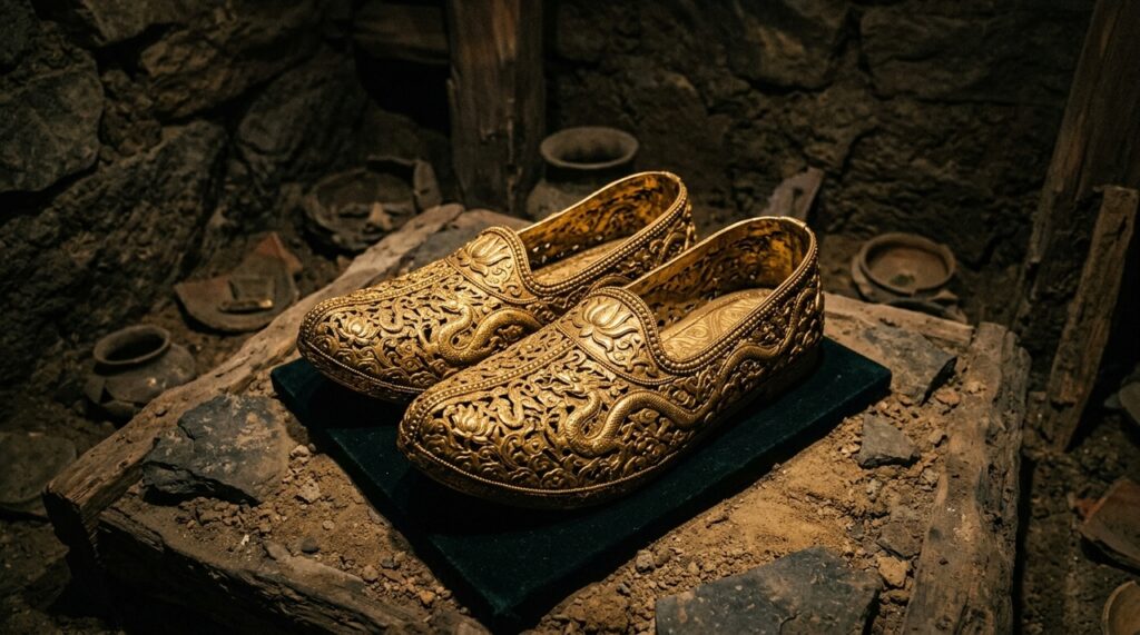 Sapatos dourados encontrados em túmulo revelam como antigos povos preparavam seus mortos