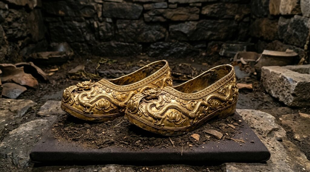 Sapatos dourados encontrados em túmulo revelam como antigos povos preparavam seus mortos