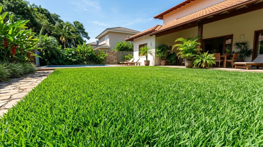 A grama ideal para a área externa da sua casa não exige muita irrigação, mantém o verde no verão e suporta o sol intenso