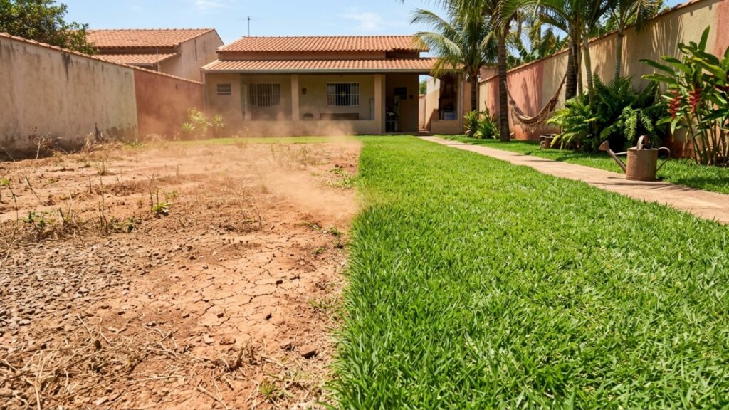 Morador coloca grama no quintal para diminuir a poeira e descobre qual espécie resiste ao sol forte sem exigir corte a cada 15 dias