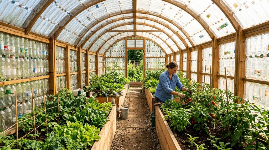 Professora e alunos juntam mais de 2.000 garrafas plásticas durante 18 meses, encaixam umas nas outras em colunas presas por molduras de madeira e arame, e constroem uma estufa inteira que hoje permite cultivar o ano todo sem gastar quase nada