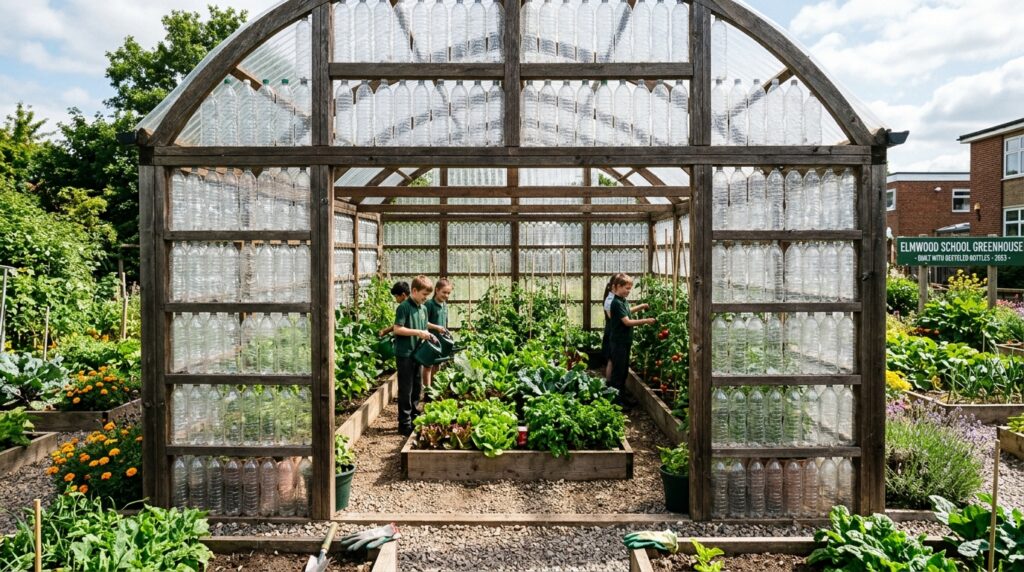 Professora e alunos juntam mais de 2.000 garrafas plásticas durante 18 meses, encaixam umas nas outras em colunas presas por molduras de madeira e arame, e constroem uma estufa inteira que hoje permite cultivar o ano todo sem gastar quase nada