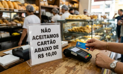 Plaquinha proibindo passar cartão de crédito para contas pequenas na padaria: conheça a lei que proíbe o lojista de impor um valor mínimo