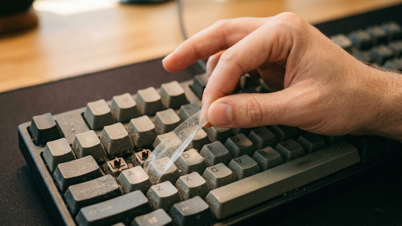 Limpar o teclado do computador do jeito certo: por que passar pano úmido pode oxidar as teclas e a técnica da fita adesiva para remover a poeira