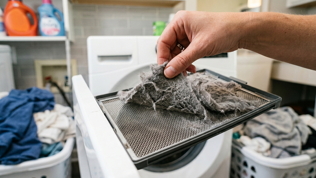 Limpar o filtro de fiapos da secadora após cada carga: melhora o fluxo de ar, e a limpeza profunda entra a cada 6 meses