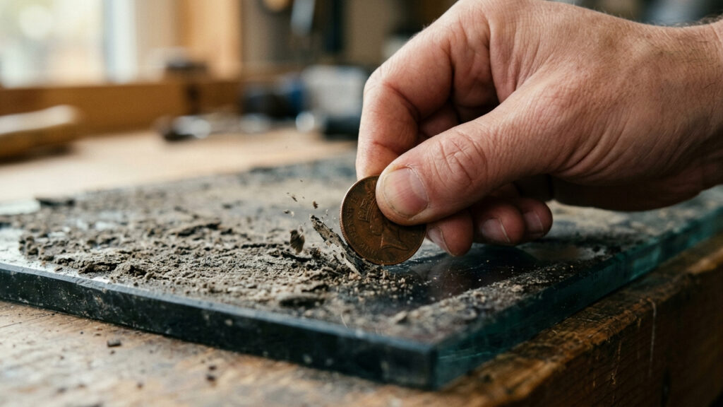 Sem palha de aço seca, nem objetos afiados: o truque simples de usar uma moeda de cobre para raspar sujeiras incrustadas em vidros sem riscar nada