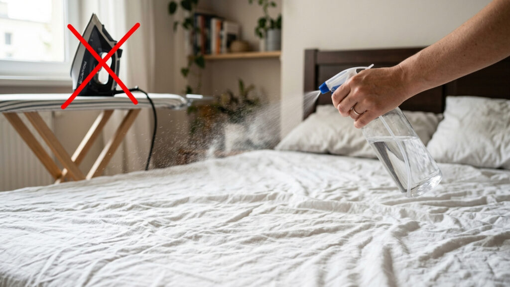 Borrifar mistura de álcool líquido com amaciante na cama: o segredo de hotel para desamassar lençóis e roupas de algodão sem usar o ferro quente