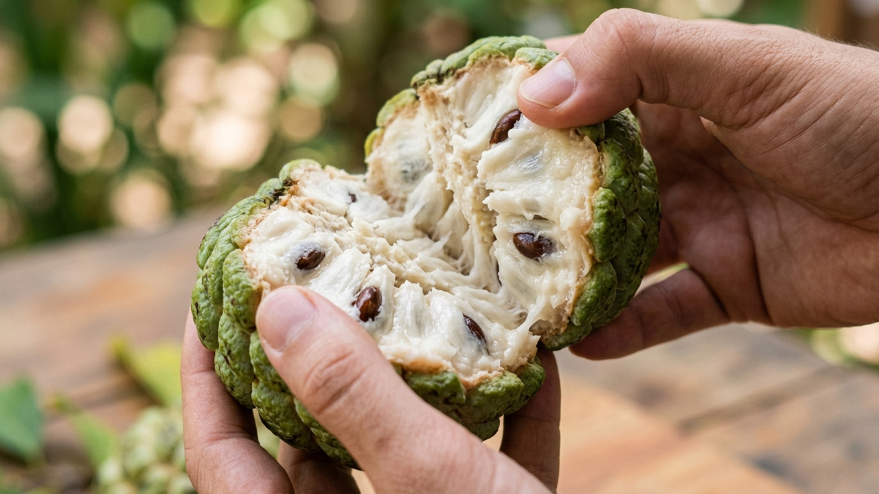 Essa fruta verde cheia de escamas se abre com as mãos para revelar uma polpa muito doce que parece leite condensado grosso e cremoso