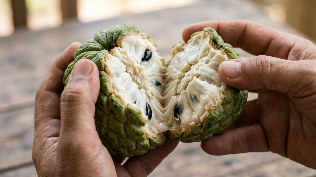 Essa fruta verde cheia de escamas se abre com as mãos para revelar uma polpa muito doce que parece leite condensado grosso e cremoso